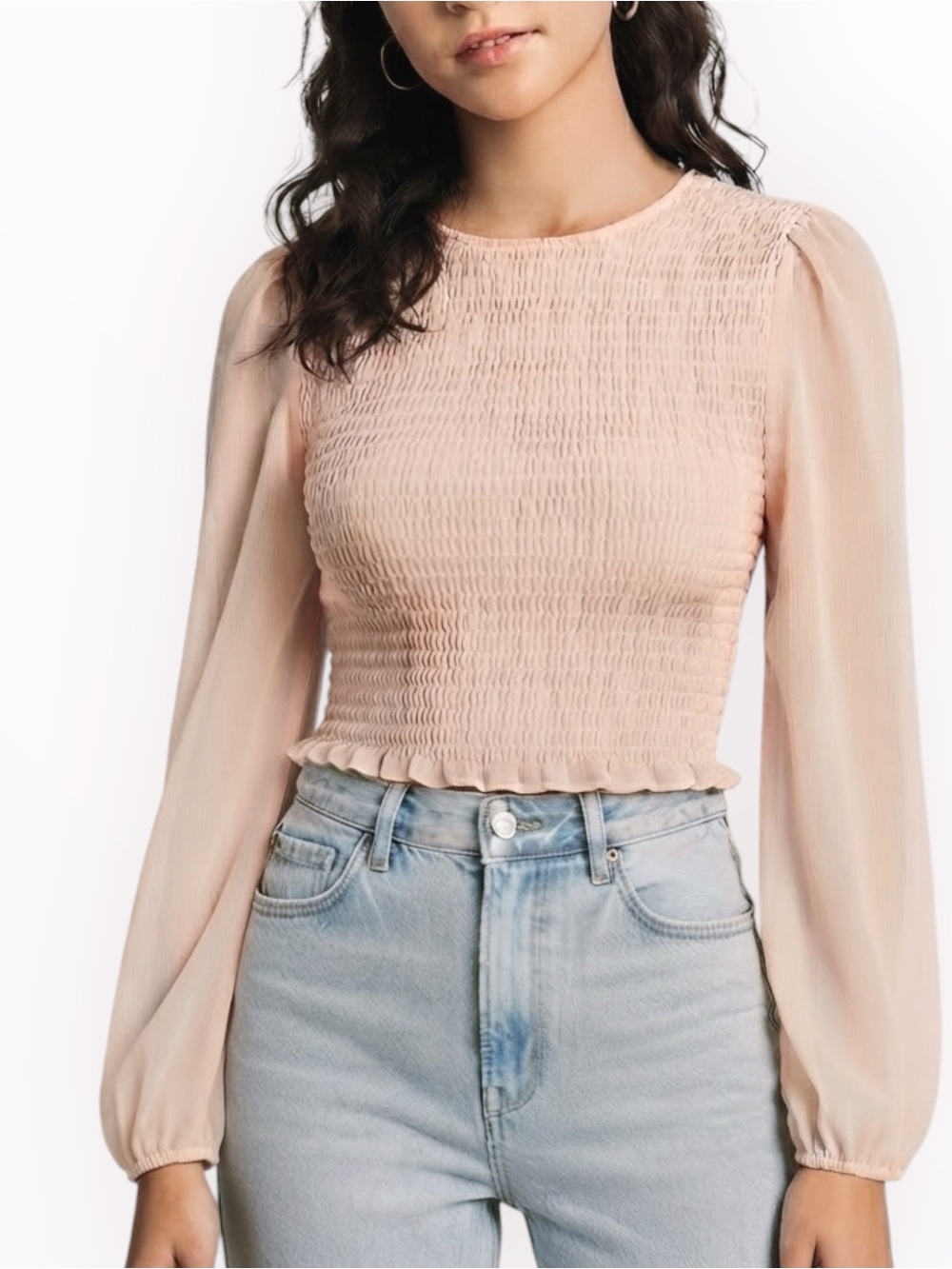 WAYF Blush Pink Smocked Bodice Chiffon Sleeve Blouse Women’s M